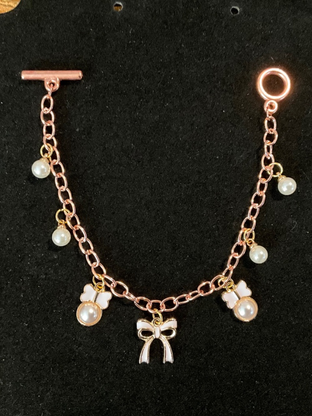 Parky’s Place Pearl Bow Charm Bracelet Rose Gold Tone Handmade
